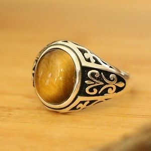 925 Sterling Silver Men's Rings Tiger Eye stone